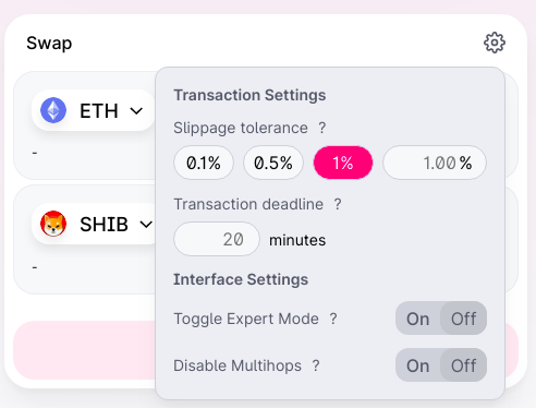 STEP 5: Click the settings circle on the top right corner.Change the "slippage %" to 1% then press "swap." Go back to wallet to confirm. It will ask to approve the miner’s fee and press confirm. May take a few minutes to show  $SHIB coins in wallet.