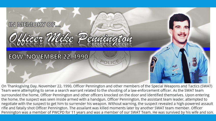 PWCPolice's tweet photo. POLICE WEEK: Remembering OFC Philip Mike Pennington. End of Watch: Nov. 22, 1990
You will be remembered for your bravery &amp; willingness to sacrifice your life to save the lives of others. 
Greater love hath no man than this, that a man lay down his life for his friends. John 15:13 https://t.co/4KM2sgagyX