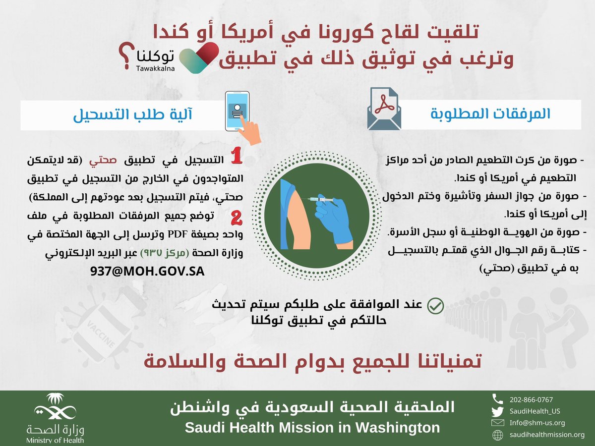SaudiHealth_US's tweet photo. تلقيت لقاح كورونا في أمريكا أو كندا وترغب في توثيق ذلك في توكلنا؟ 

#خذ_الخطوة 
#عش_بصحة 
@SaudiMOH937 https://t.co/16OOUomvbC