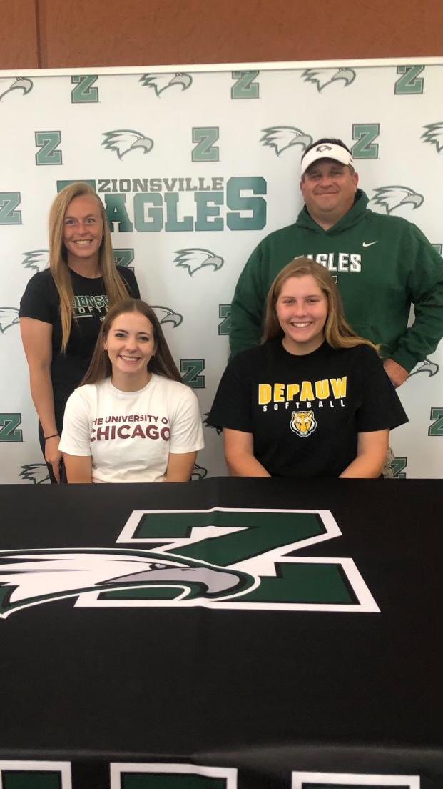 ZCHSSoftball's tweet photo. These two made it official today by signing to continue their academic and athletic careers at a couple of great schools. Congrats Paige Zvokel going to @UChicago and Callie Rheinheimer to @DePauwSoftball https://t.co/qKknL6ZQqG