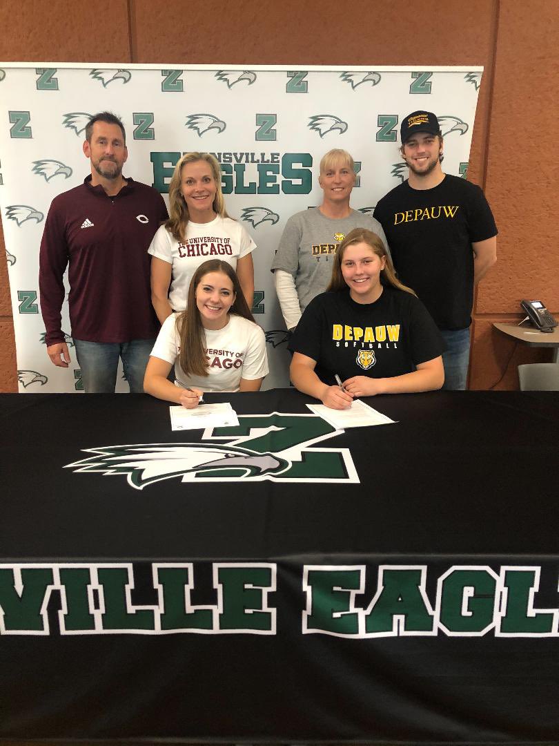 ZCHSSoftball's tweet photo. These two made it official today by signing to continue their academic and athletic careers at a couple of great schools. Congrats Paige Zvokel going to @UChicago and Callie Rheinheimer to @DePauwSoftball https://t.co/qKknL6ZQqG