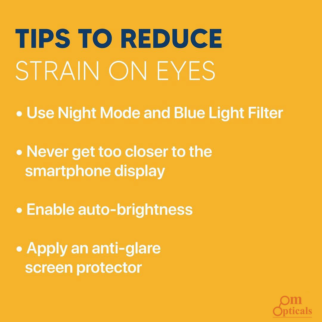 OpticalsOm's tweet photo. Tips to reduce strain on eyes.........

1. Use night mode and blue light filter
2. Never get too closer to the smartphone display
3. Enable auto-brightness
4. Apply an anti-glare screen protector
5. Use Blue Cut lenses Eyeglasses 
#eyestrain #eyesafety #eyesafetytips #omopticals https://t.co/QqJlHUusyC
