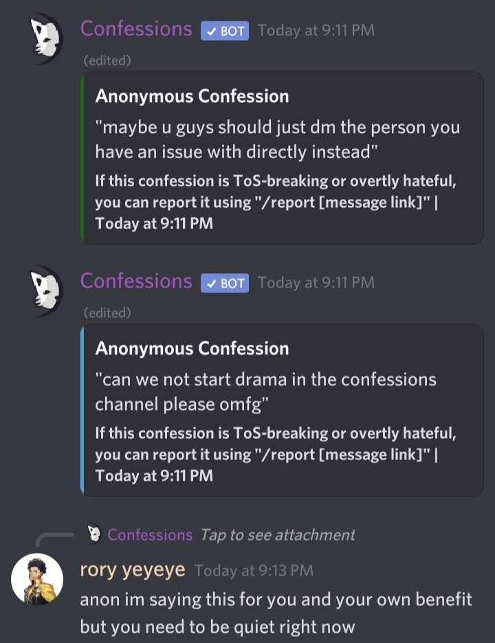 Back in the su2 discord after this happened people were using the confessions channel to remark on the situation. I told them to stop talking cause I had doubts that the anon truly knew what was going on. Sorry for snapping at you anon lol