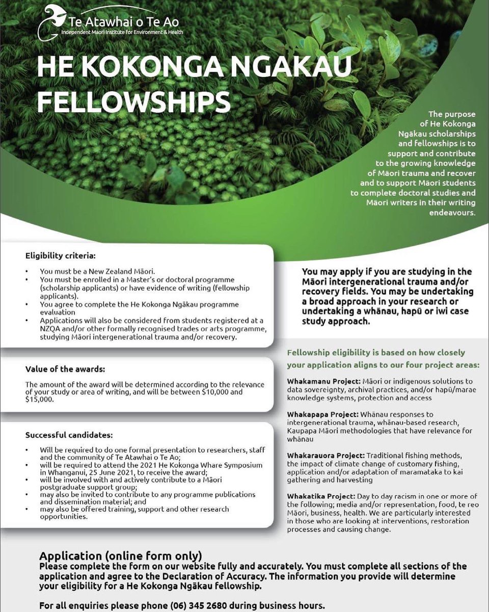 You are invited to apply for the He Kokonga Ngākau scholarships (Māori Master’s and doctoral students) and fellowships (available for Māori writers), depending on your eligibility.

Please visit our website via the link below: teatawhai.maori.nz/leadership/sch…