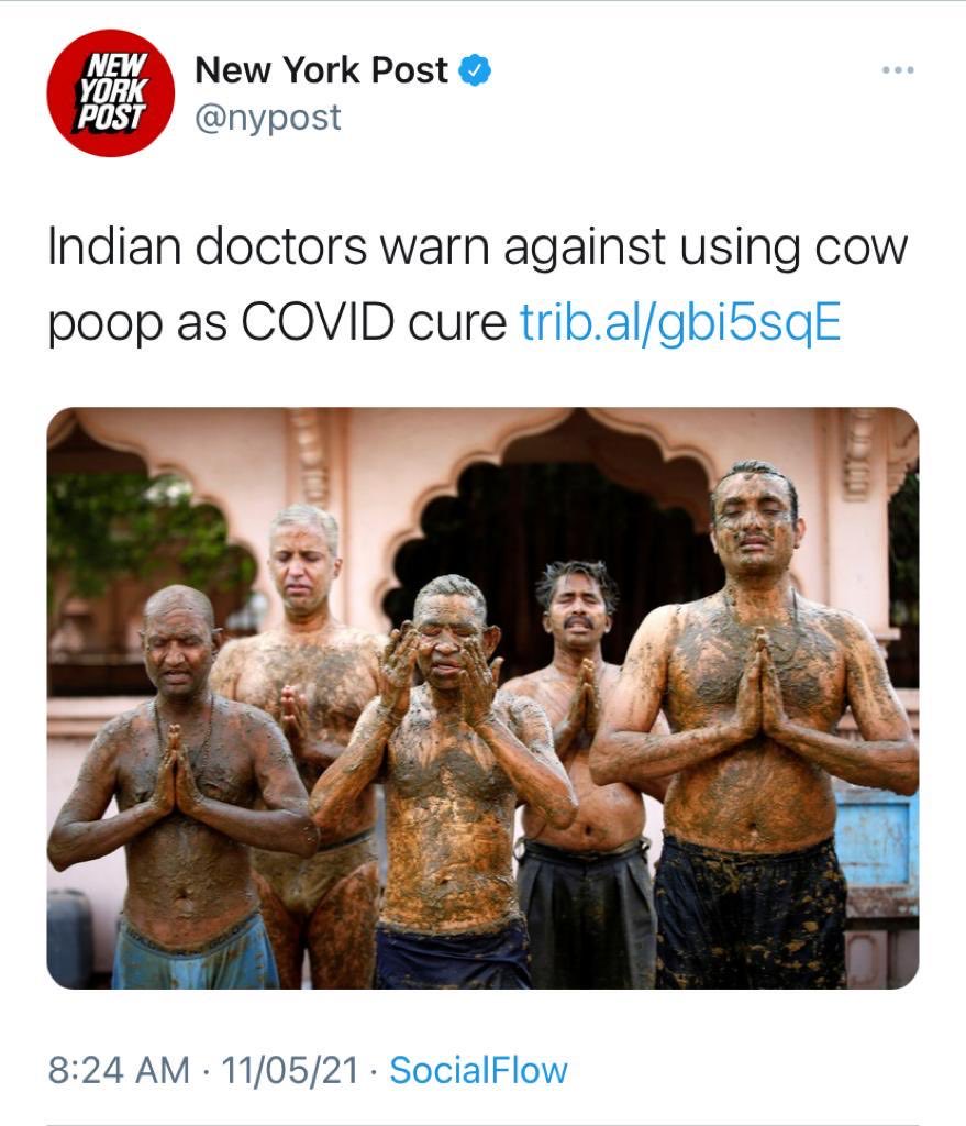 Because of this BS India finds itself in a shit hole! PM “Moo”di’s govts  lack of scientific temper &amp; encouragement to this “CO(W)ID” treatment has made India the laughing stock of the world besides jeopardising lives! India Corona virus fight (r)udderless!