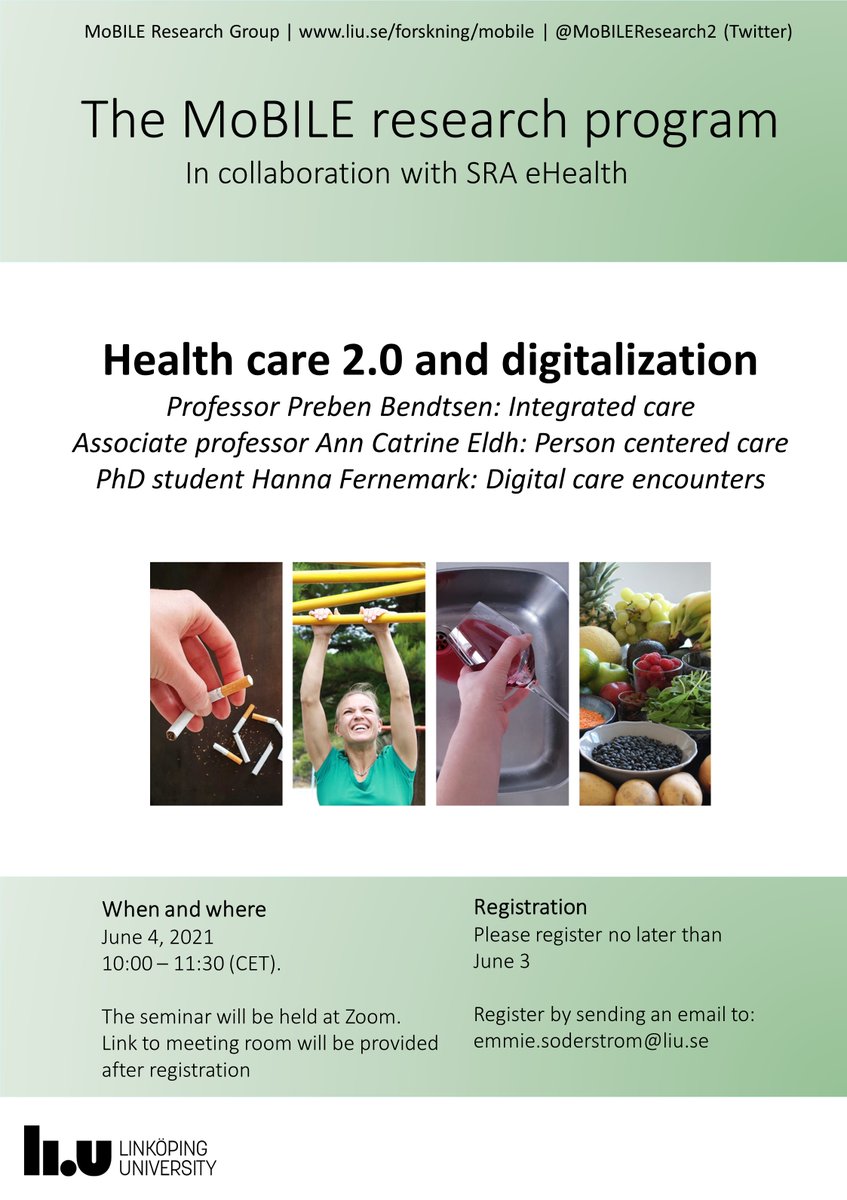 We are arranging a new seminar on June 4, 10:00-11:30. Topic: Health care 2.0 and digitalization
Register by sending an email to: emmie.soderstrom@liu.se

See photo for more information
