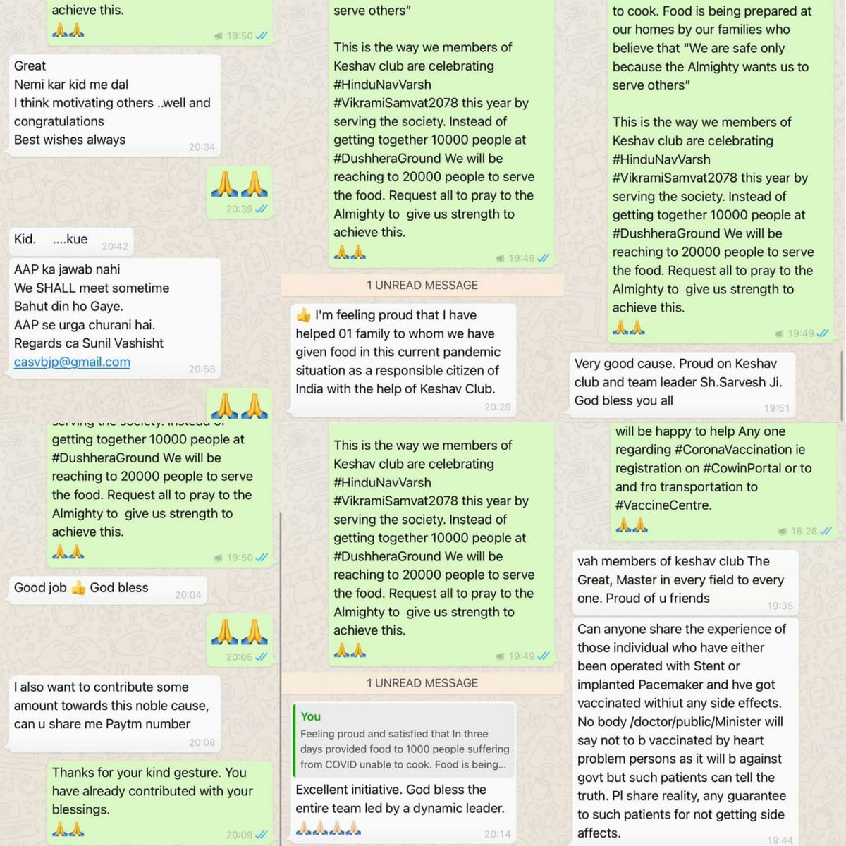 CASARVESHMAHAJN's tweet photo. Sharing of some of numerous thanks n blessing messages which act as a booster for us to stretch ourselves more to help society to fight and defeat #CoronaPandemic. Request all to pray to God to give us more strength to serve the society

#TeamKeshavClub
#TeamRSS
#TeamSewaBharti https://t.co/oeNKZn3Yuh