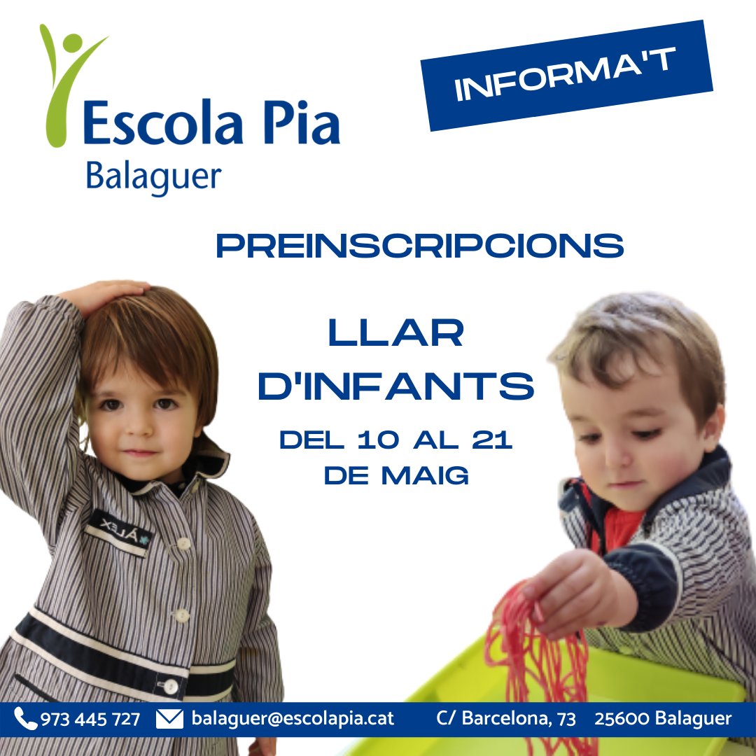 📢 PREINSCRIPCIÓ LLAR D'INFANTS PEL CURS 21/22. Des d'avui dilluns 10 de maig i fins el proper 21 de maig, pots fer la preinscripció del teu fill/a a la nostra Llar d'Infants. Per a més informació truca al 973 44 57 27 i t'informarem degudament. ‼️ #escolapiabalaguer