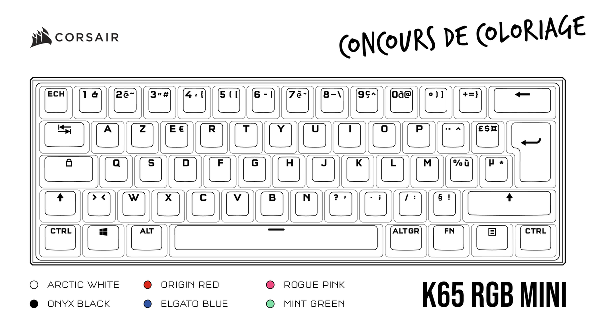 CORSAIRFRA's tweet photo. CONCOURS K65 RGB MINI 🥳

Gagne ton clavier et deux sets de touches PBT PRO de ton choix ! ⌨

Pour participer ⤵
1⃣Follow @CORSAIRFRA
2⃣RT ce post
3⃣Colorie le K65 RGB MINI avec les couleurs de touches PBT PRO de ton choix et poste le résultat en commentaire ✍

⏰TAS 20/05 17h https://t.co/6V3UrvzRvp