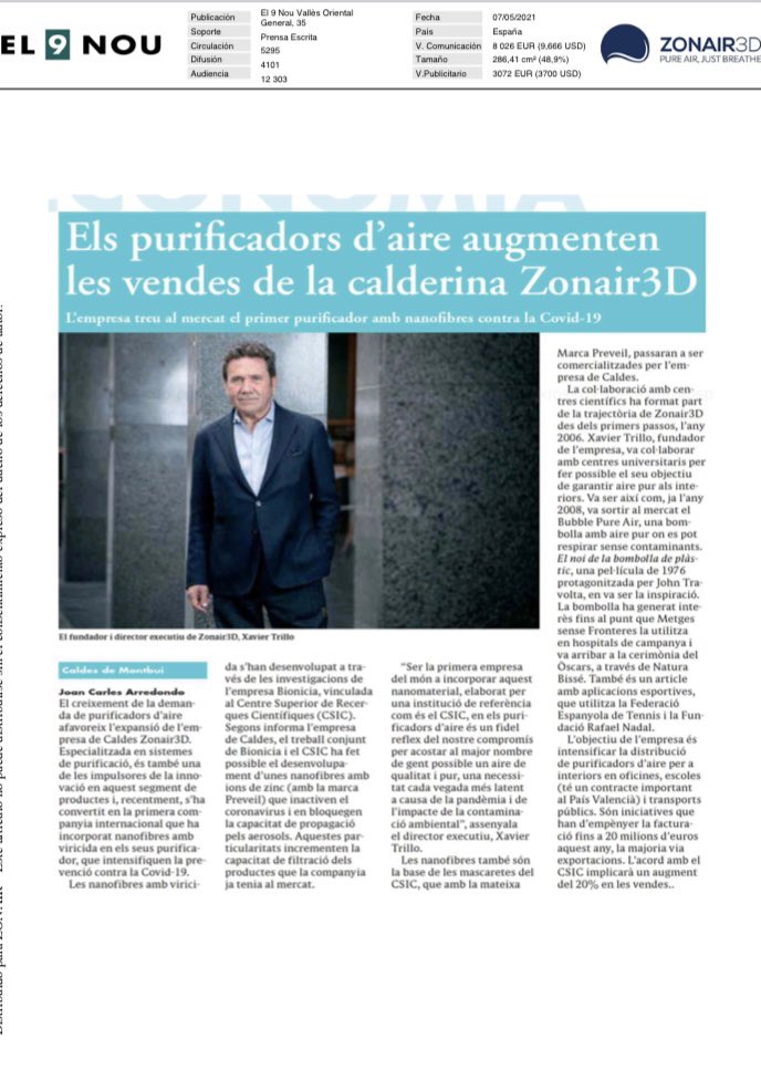 ZONAIR3D's tweet photo. #Zonair3D la empresa saca al mercado el primer #purificador con nanofibras contra la covid-19 Marca #Preveil, pasarán a ser  comercializadas por la empresa de Caldes.  

https://t.co/kjgPKJQW5F https://t.co/36ci78zY3U