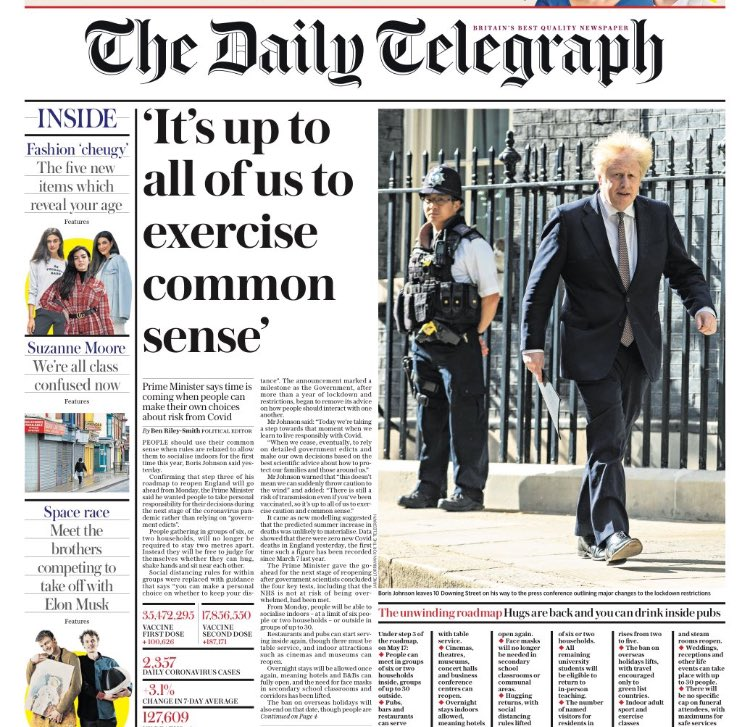 The latest salvo in the "common sense" bullshit-get-out-clause, which the Tories always mobilise to avoid taking responsibility or being held accountable.The last time Boris Johnson spouted this shit & it was splashed on the front pages was in may 2020, & that went REALLY well.