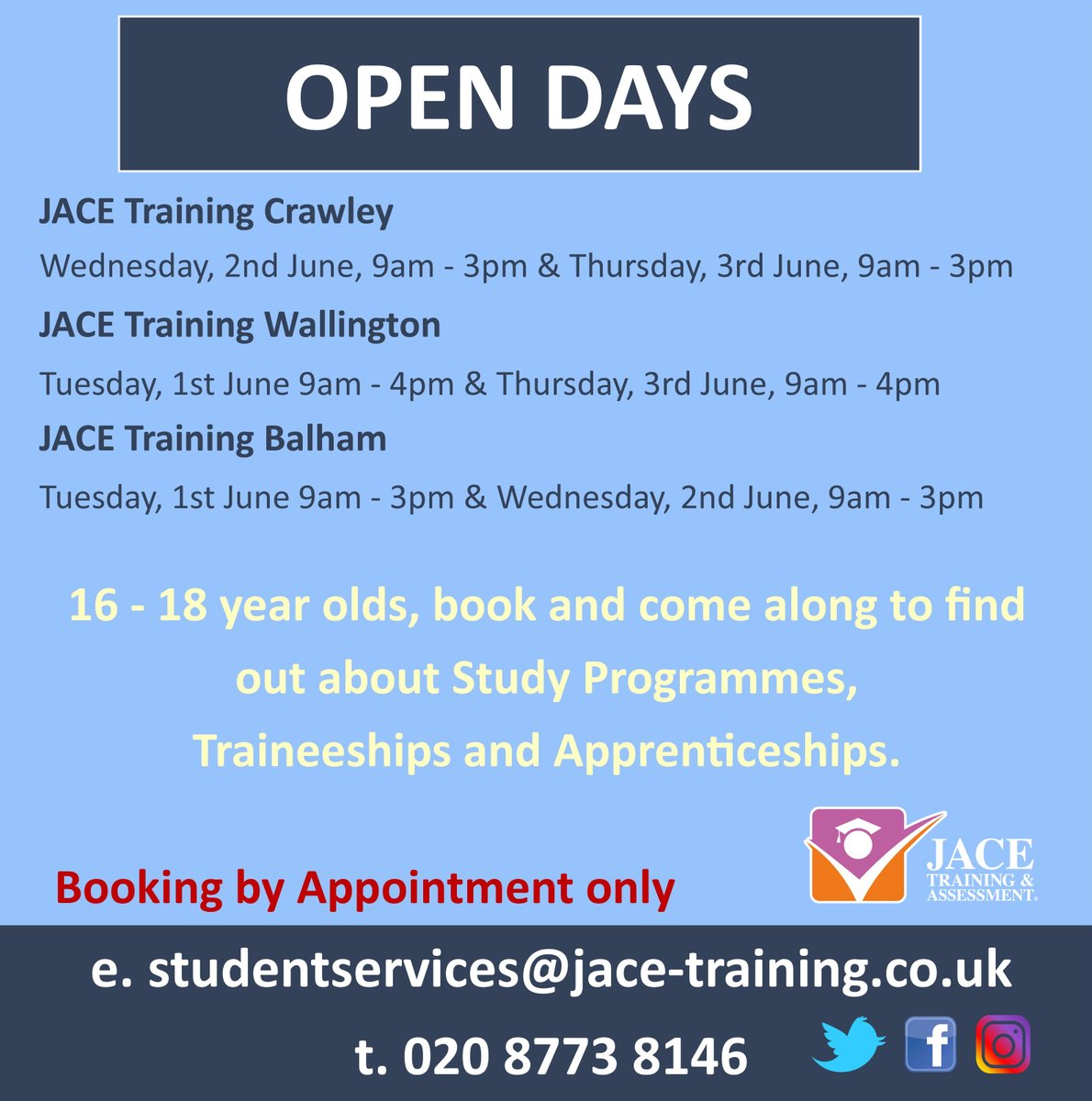JACETraining's tweet photo. OPEN DAYS at JACE Training - book your appointment with JACE to find out about our Apprenticeship and pre-Apprenticeship programmes to start 2021. Booking by appointment only so book your place today #apprenticeships #collegeopendays #OpenDay2021 #trainingprovider #schools https://t.co/v4GyVI1tYx