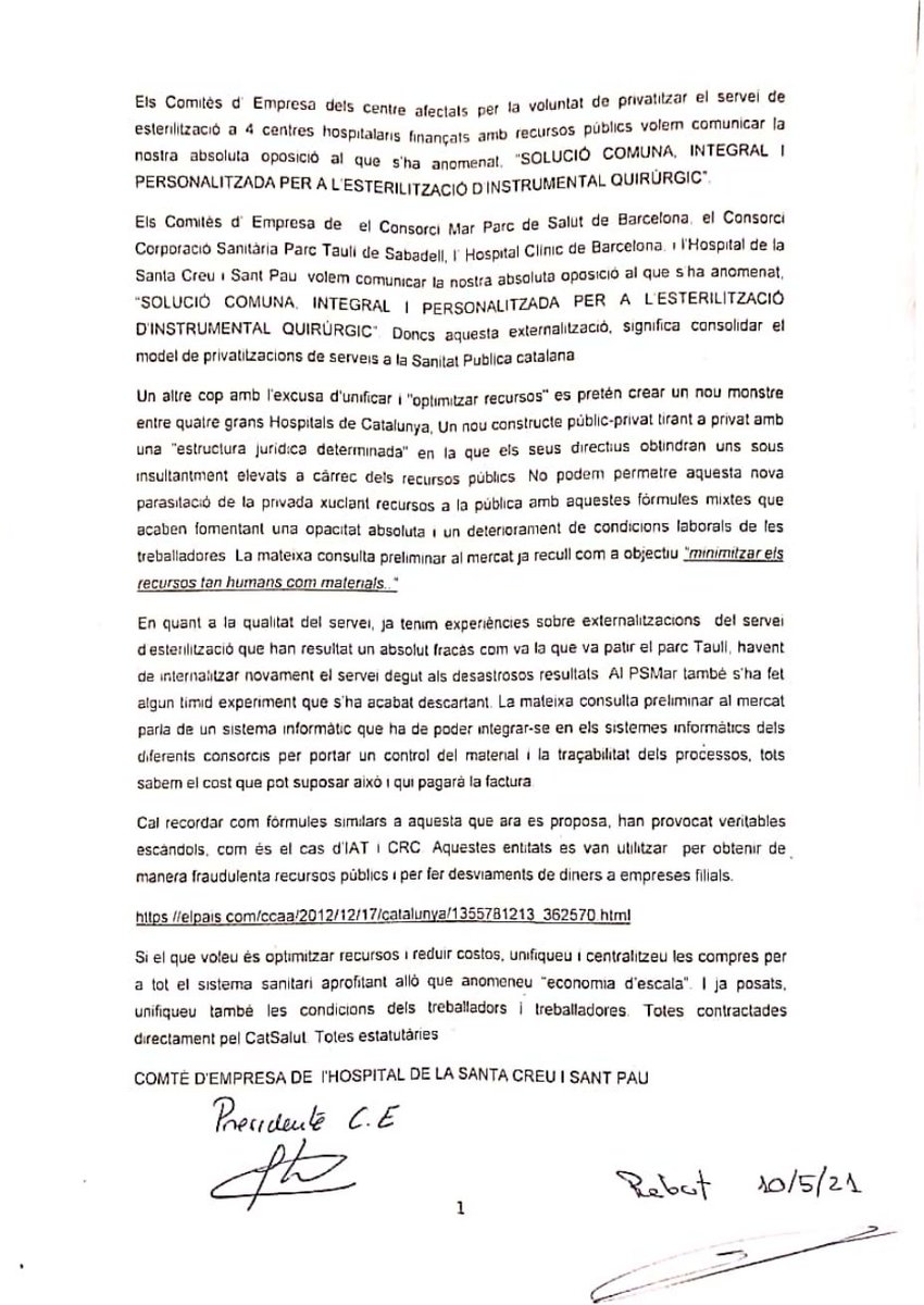 FtcPsmar's tweet photo. Els Comitès d'Empresa d' @hospitaldelmar @parctauli @HospitalSantPau en bloc ens oposem a l'externalització dels nostres serveis d'esterilització. El Comitè de l'@hospitalclinic demà ho decideix, estem segures que també es sumaran.
@salutcat
@gencat
@albaverges
@GemmaTarafa https://t.co/nfi43iR40c