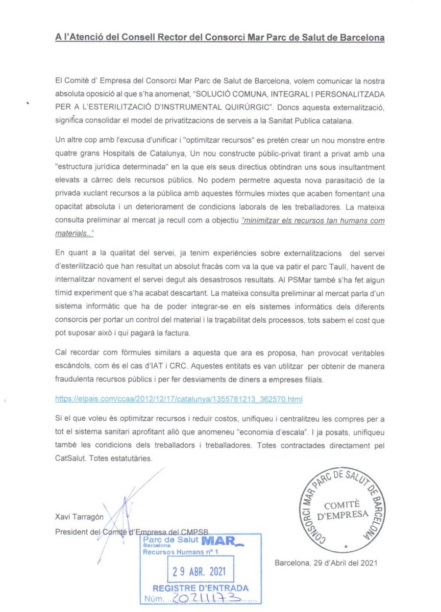 FtcPsmar's tweet photo. Els Comitès d'Empresa d' @hospitaldelmar @parctauli @HospitalSantPau en bloc ens oposem a l'externalització dels nostres serveis d'esterilització. El Comitè de l'@hospitalclinic demà ho decideix, estem segures que també es sumaran.
@salutcat
@gencat
@albaverges
@GemmaTarafa https://t.co/nfi43iR40c