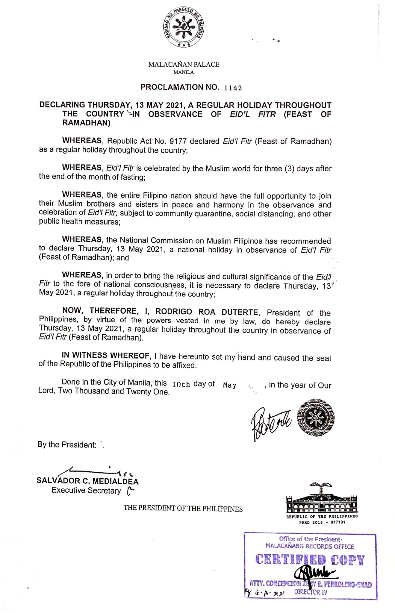 Santa Rosa City Announcement Proclamation No 1142 May 13 21 Thursday Is Declared As Regular Holiday Throughout The Country In Observance Of Eid L Fitr Or Feast Of Ramadhan Cityofsantarosalaguna