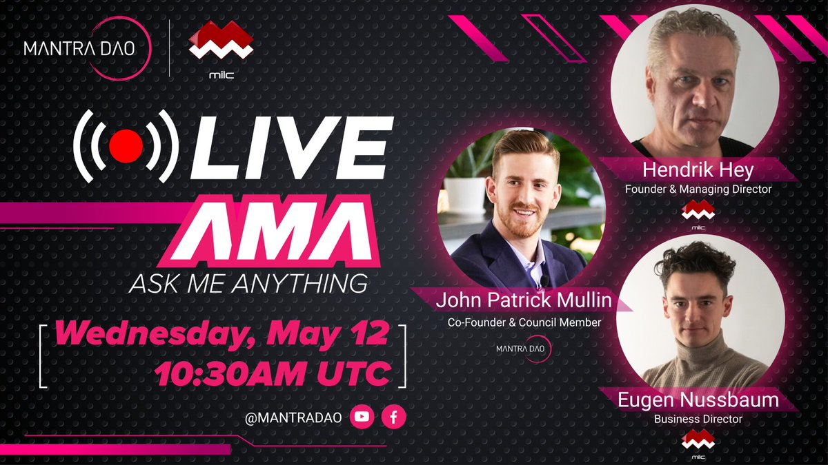 MANTRA DAO x MILC #AMA on Wednesday May. 12th at 10:30 AM UTC

@JP_Mullin009  joins Hendrik Hey, and Eugen Nussbaum leading up to their $MLT's token offering on #ZENDIT!🚀 

 $250 $USDT giveaway for top 5 questions!