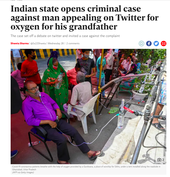 Meanwhile, we have people like Y0gi who are putting people in jail for sending out calls for help. He's the head of Uttar Pradesh, the most populous state of India which is also one of the worst-hit states at the moment. "Oxygen is just a temporary problem" he says.