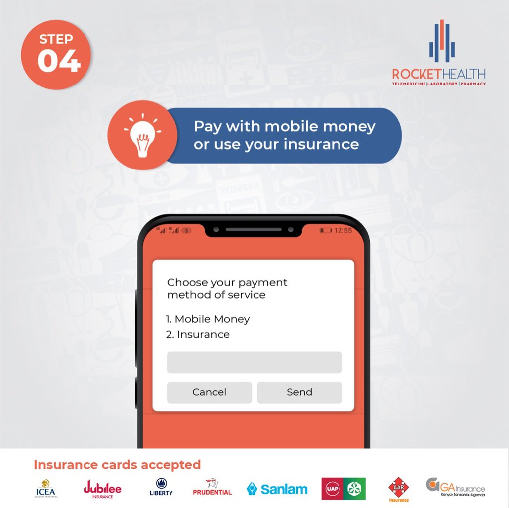 Step 4: Pay with Mobile Money, or use your insurance.  #RocketHealthOnStar280Hash.