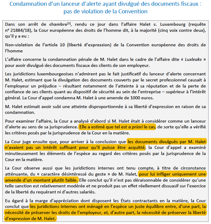 N_Hervieu's tweet image. Protection des lanceurs d'alerte (#LuxLeaks) : La condamnation d'un employé de @PwC pour avoir divulgué aux médias (@cashinvestigati) des documents confidentiels ne viole pas la #CEDH.

Car ces documents ne présentaient pas "un intérêt suffisant".

=&amp;gt; bit.ly/2SBZey5