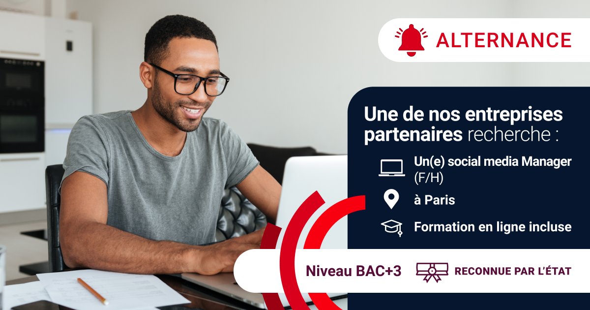 🙋🏻‍♂️ Vous voulez vous former à un job passionnant pour trouver un emploi à la clé ?
Nous recherchons à #Paris :
Une(e) Social media Manager (F/H) 
👉 bit.ly/3nniV8n  
Lancez-vous avec notre formation en ligne de niveau 6 (équivalent BAC+3) reconnue par l’Etat.
#alternance