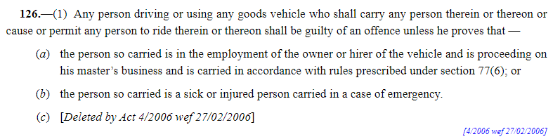 He Ting Ru, MP for Sengkang GRC, cites the Road Traffic Act, pointing out how goods vehicles are banned from carrying people, BUT with a provision that allows for the transport of workers when they are "proceeding on his master's business" 9/x