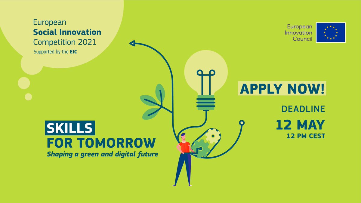 Got an idea to support green jobs and #digitalisation in the EU? Apply to <a href="/EUSocialInnov/">European Social Innovation Competition</a> competition for a chance to win €50,000 - deadline tomorrow! eusic.challenges.org