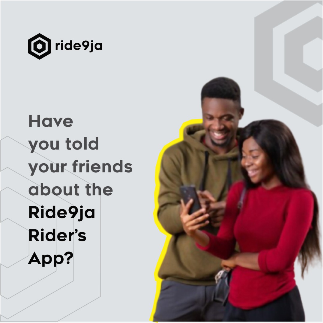 ride9ja_com's tweet photo. Have you told your friends about the Ride9ja Rider’s App?

With the Ride9ja App, You and your friends can go anywhere in Abuja with ease and in comfort.

You can share rides with friends and family and enjoy many discounts while completing Trips in Abuja. https://t.co/wTM10LaKMQ