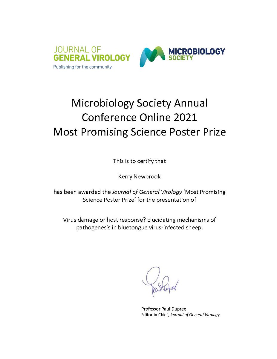 Congratulations to our scientists Kerry Newbrook and Nazia Thakur, both of whom won a Journal of General Virology ‘Most Promising Science Poster Prize’ for their presentations at #MicroBio21 🏆🏆 Well done to you both!

@The1stNazerick @vGlycoproteins @orbivirus @MicrobioSoc