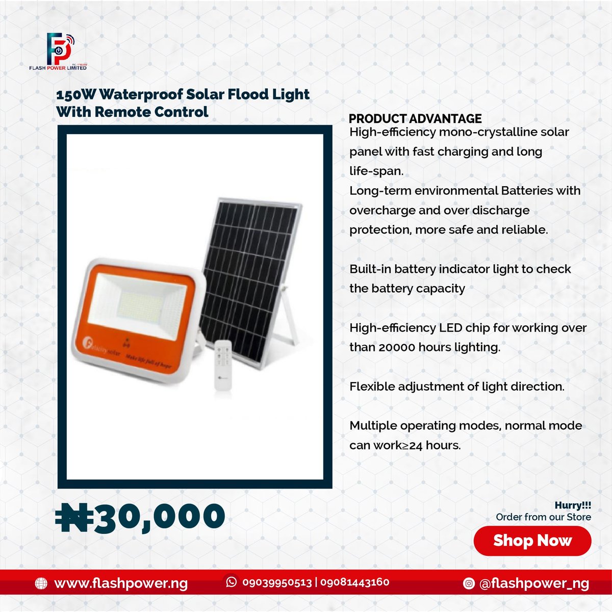 FlashPower_ng's tweet photo. 150W waterproof solar flood light with remote control available for purchase on our shop.

Visit https://t.co/WJV76m5UqJ to make your purchase.

Call 09081443160 for more inquiries.

#solarpower #solarenergy #technology #flashpowerng #AbujaTwitterCommunity https://t.co/FRaahKWqRT