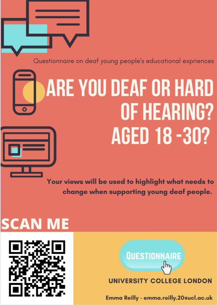 As a deaf UCL research student I’ve created a questionnaire for young deaf or hard of hearing people aged 18-30. This focuses on the transition from school to work/uni/college. You can select which language you prefer - BSL or English!

👉 bit.ly/32J8Qcc 
<a href="/DCAL_UCL/">DCAL</a>