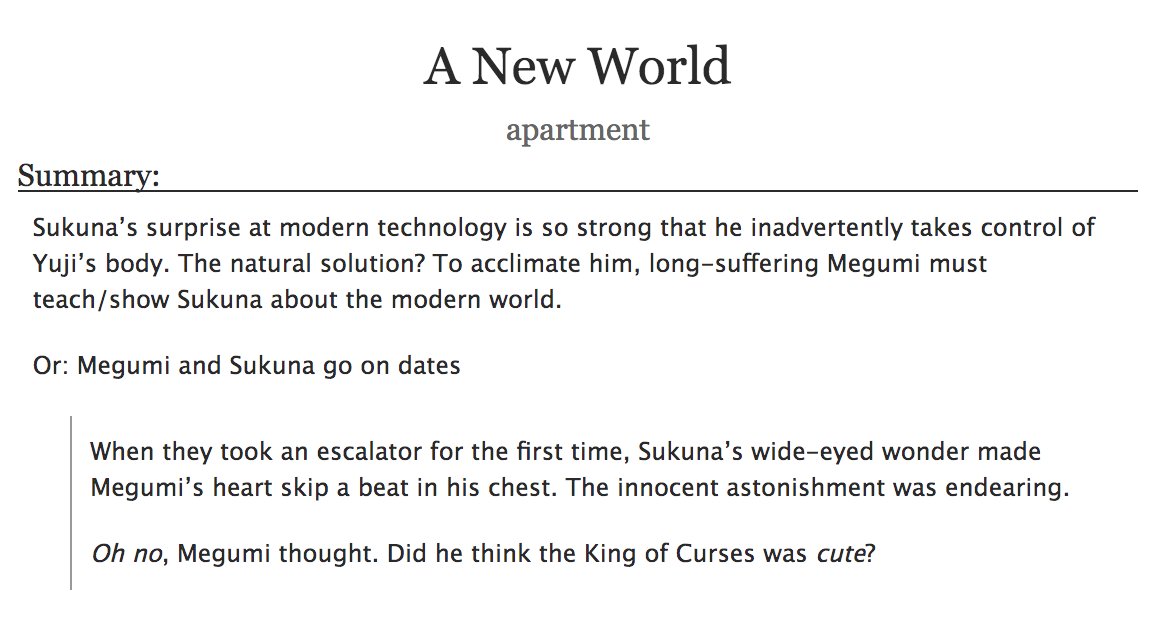 serpendency's tweet photo. i expanded this #skfsweek2021 tweetfic into something worthy of being on ao3!🌻

🍥a new world
🍥sukufushi
🍥rated t
🍥tags: getting together, didn't know they were dating

🔗: https://t.co/spMhxjiGhy

megumi teaches sukuna about the modern world and ends up falling in love🥰🥰 https://t.co/OFyjtzqz5H