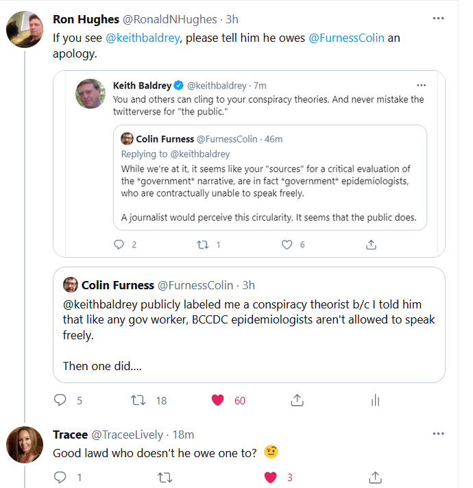 RonaldNHughes's tweet photo. 6 weeks after labeling @FurnessColin a conspiracy theorist, @keithbaldrey finally acknowledges that he isn't one. NOT GOOD ENOUGH, Keith! When a prominent journalist with a "huge" Twitter feed publicly slanders someone, a proper apology is in order. @GlobalBC https://t.co/SqH2yg8lHc