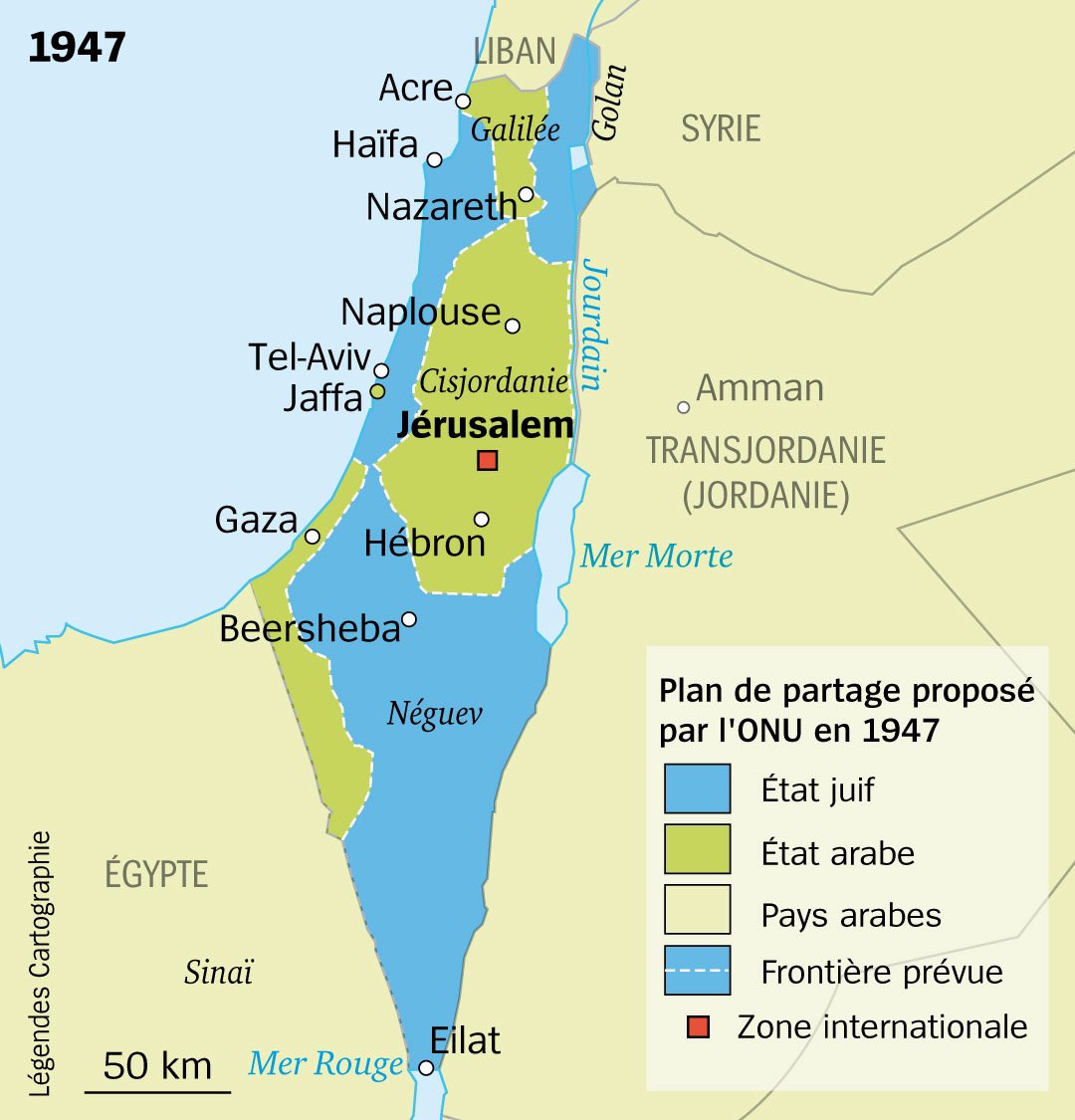 Après cela, en 1947 les britanniques qui ont fait des promesses à tout leurs alliés pour qu’il les aides ne s’en sortent plus et décide donc de laisser L’ONU s’en charger.En 1947, L’ONU décide donc d’établir un plan de partage des terres entre L’Israël et la Palestine