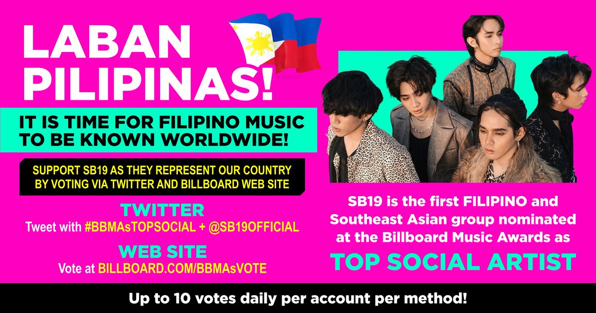 SB19MemeVice's tweet photo. HI! If you're a casual and you are curious why "LABAN PILIPINAS" is trending, it's because of SB19 making a history for PH and music industry as they were nominated for Billboard Music Awards Top Social Artist.

@SB19Official #SB19 https://t.co/hGNc5Umo09