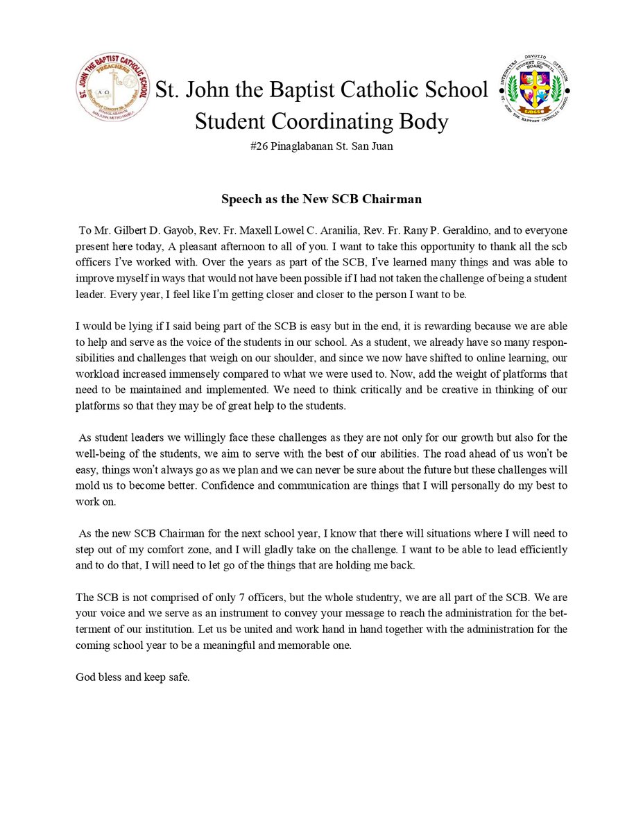 offclscbofsjbcs's tweet photo. Farewell Address from the Incoming Chairman, Allyssa Domondon - 10/05/2021.

Platforms for 2021-2022:
Continuation of prior established programs
Leasure Lodge/Student Cafe
Confession Room
PREACHERS of the Month
SCB Oracle
Student Hour

#SCB 
#SJBCS https://t.co/ZY4hJ9mEgI