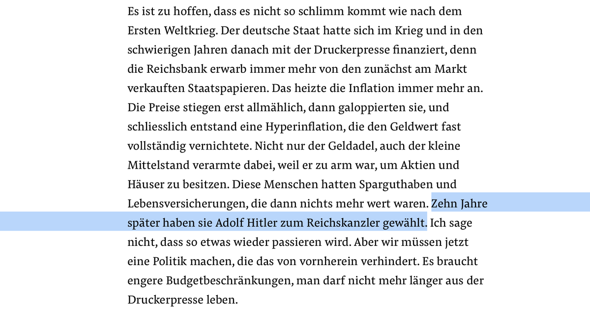 Weil die Hyperinflation bis 1923 und die Große Depression der 1930er-Jahre in der kollektiven deutschen Erinnerung zu einem Ereignis verschmelzen, kann im öffentlichen Diskurs eine falsche Vorstellung dominieren: Die Hyperinflation habe direkt zum Aufstieg der Nazis geführt. /4