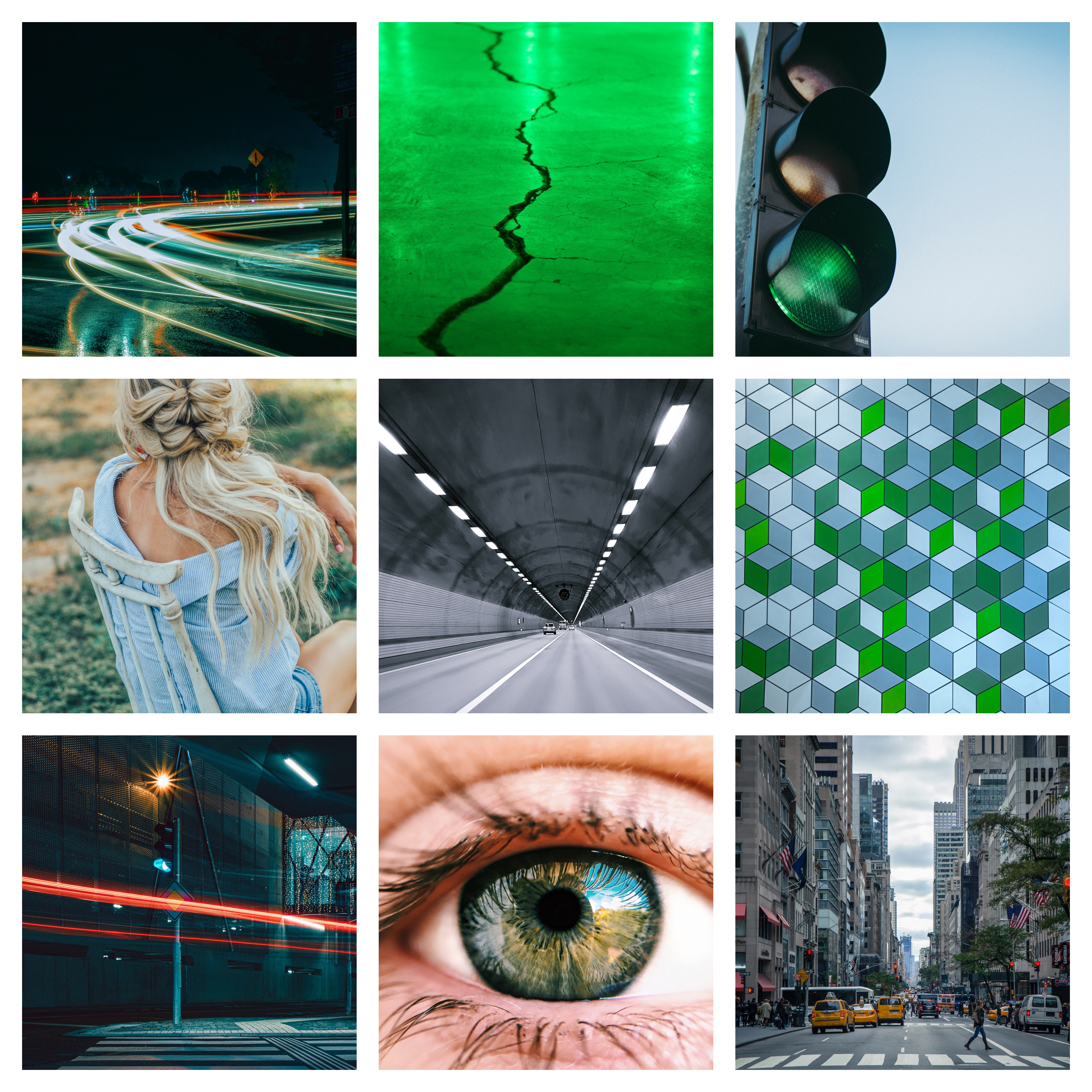 A collage of several things, including a blonde girl, a green eye, racing lights and city streets, along with a grey and green geometric pattern