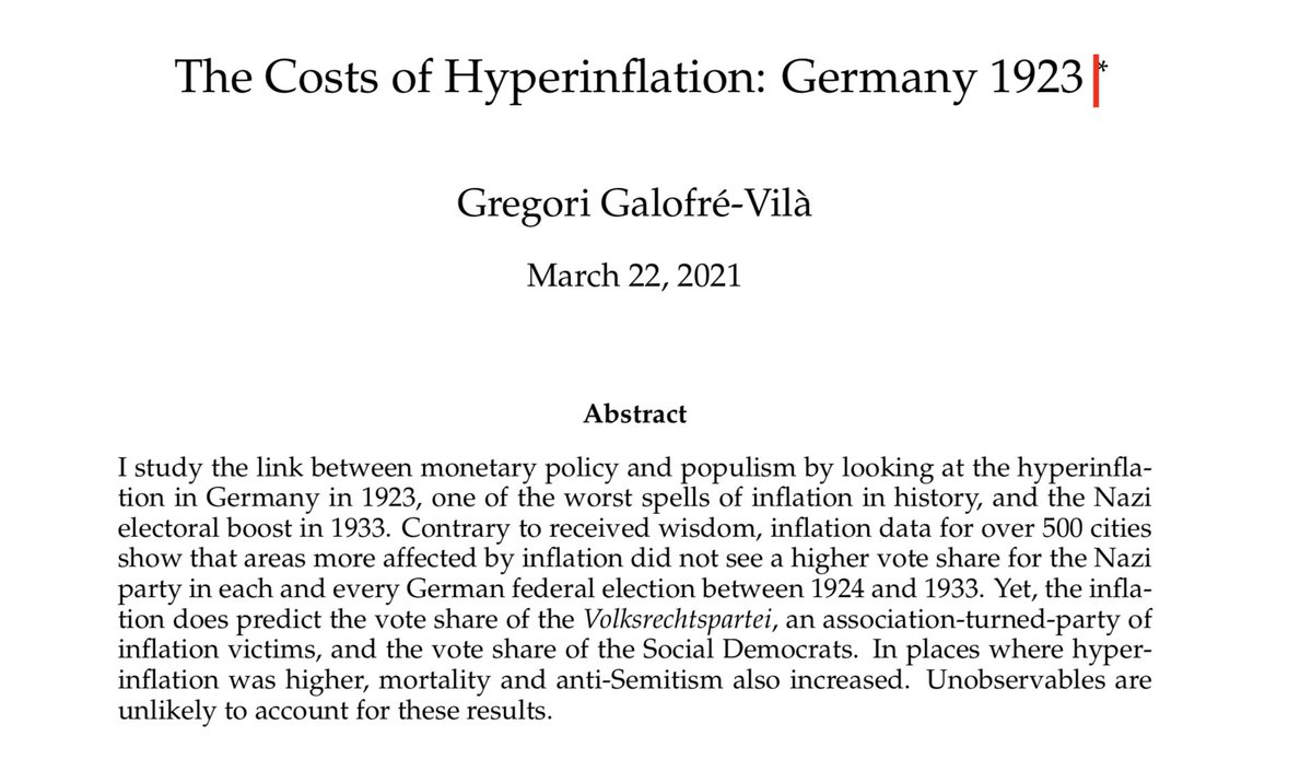 Dabei zeigt aktuelle Forschung mit Inflationsdaten für mehr als 500 deutsche Städte und mit Wahlergebnissen zwischen 1924 und 1933: Menschen in Gebieten, die stärker von (Hyper-)Inflation betroffen waren, wählten nicht in stärkerem Ausmaß die Nazis. /5 http://www2.unavarra.es/gesadj/depEconomia/repec/DocumentosTrab/DT2101.PDF