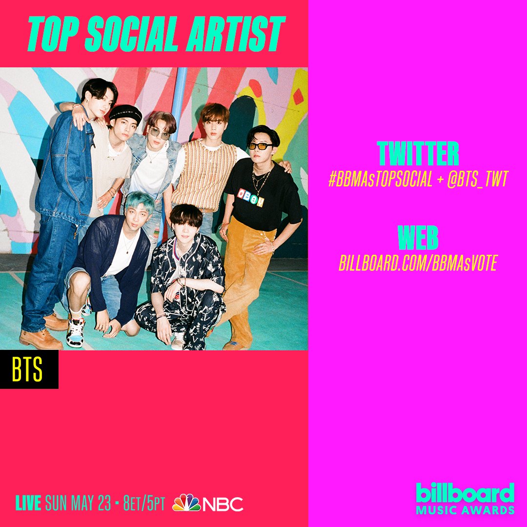 We're so excited to be a finalist for Top Social Artist at the @BBMAs ! Just tweet @BTS_twt + #BBMAsTopSocial or visit billboard.com/BBMAsVote. Don’t miss the show on Sunday, May 23rd at 8pm ET/5pm PT on @nbc