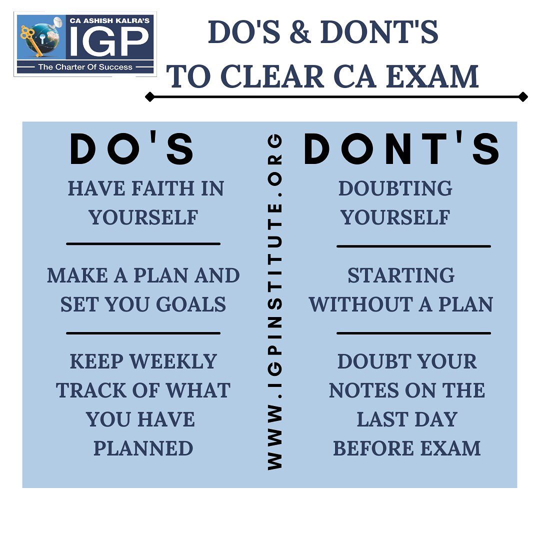 igpclasses's tweet image. Do’s &amp;amp; Dont’s to clear CA Exam. 💯
-
-
-
#icai #caexams #igpclasses #caashishkalra #igp #motivation #likesforlike #viral #viralposts