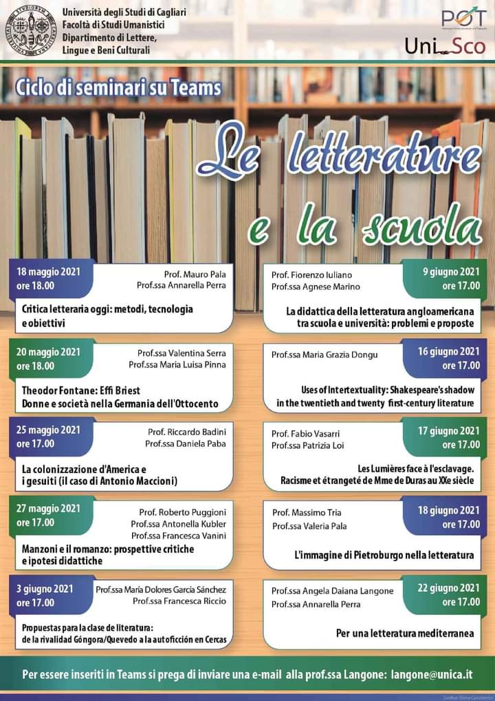 Iniziativa formativa (gratuita) dell'Università di Cagliari iscrizioni in S.O.F.I.A. (istruzione.it/pdgf/index.html)
Le letterature e la #scuola. Proposte didattiche (Iniziativa formativa ID.59219) ID.86062 sulle #letterature e #tradizioni culturali italiana e straniere.