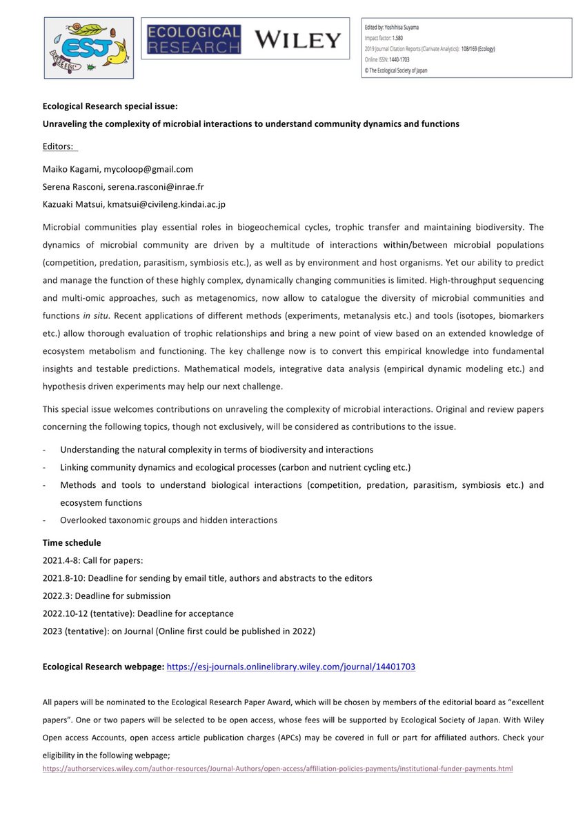 EcologicalRes's tweet image. &amp;lt;Call for Papers&amp;gt;
Open call for the Special Feature in @EcologicalRes :
Unraveling the complexity of microbial interactions to understand community dynamics and functions

Guest Eds: Maiko Kagami, Serena Rasconi @MissSynedra, Kazuaki Matsui

Deadline: 10 Aug
#MicrobialCommunity
