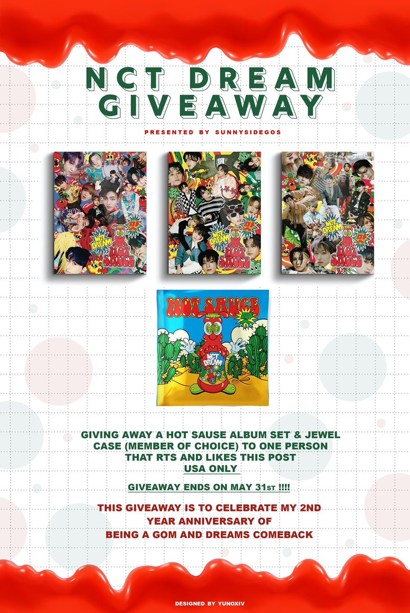 sunnysideGOs's tweet photo. 🌶NCT DREAM GIVEAWAY🌶

🌶 USA Only
🌶 Like and RT this post to enter!
🌶 Giveaway ends on May 31st

More details in photo! Feel free to comment your favorite song from the album! (not required) https://t.co/kCBGHoYXud