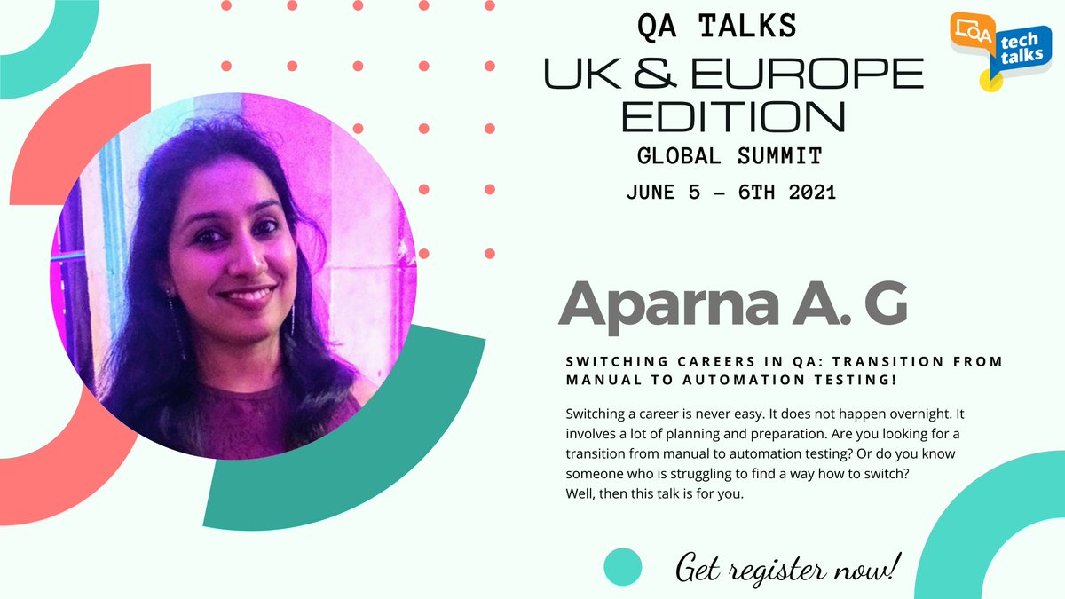 QA Talks Community (@qtechtalks) on Twitter photo Come join us on June 5th as our guest speaker <a href="/aparna2019/">Aparna Gopalakrishnan</a> from the UK will be presenting on "Switching Careers in QA: Transition from Manual to Automation Testing!"
Get register here:
lnkd.in/gYeMuBg
See you at the Global Summit.
Don't miss it! Come join us on June 5th as our guest speaker <a href="/aparna2019/">Aparna Gopalakrishnan</a> from the UK will be presenting on "Switching Careers in QA: Transition from Manual to Automation Testing!"
Get register here:
lnkd.in/gYeMuBg
See you at the Global Summit.
Don't miss it!