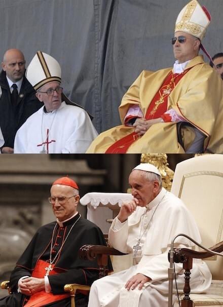 A photograph taken in Argentina on Nov. 11, 2007 shows two cardinals,♝Jorge Mario Bergoglio and♝Tarcisio Bertone (Vatican Secretary of State, 2006–13), sitting side by side, although their chairs are on two different levels.