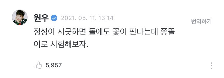 [ #WONWOOWeverse]210511 comment➸ If you (take care of it) with sincerity, flower blooms on a rock as well so let's try it with Jjongddol. #원우  #SEVENTEEN  #세븐틴  #BBMAsTopSocial  @pledis_17