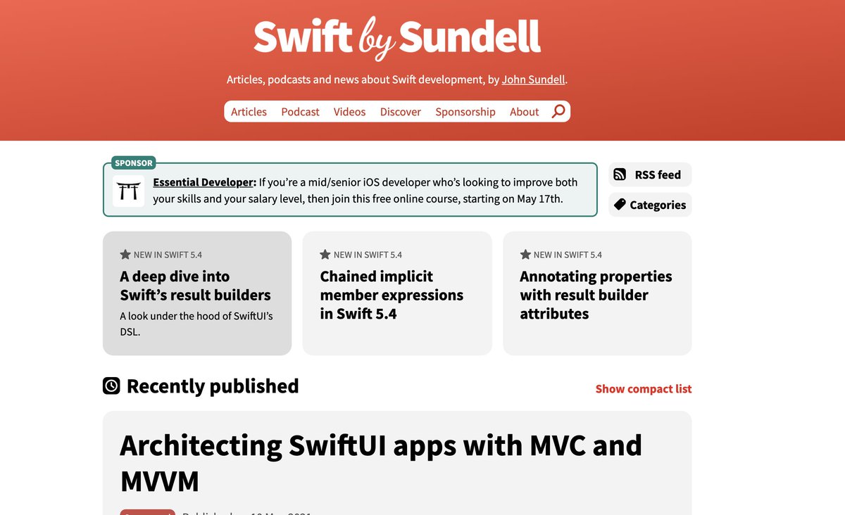 Swift by Sundell by  @johnsundellJohn writes weekly in-depth articles about Swift programming features, architectural patterns and how to structure and test code efficiently. Don't forget to check out this Discovery tab for more topic-focused articles https://www.swiftbysundell.com/ 