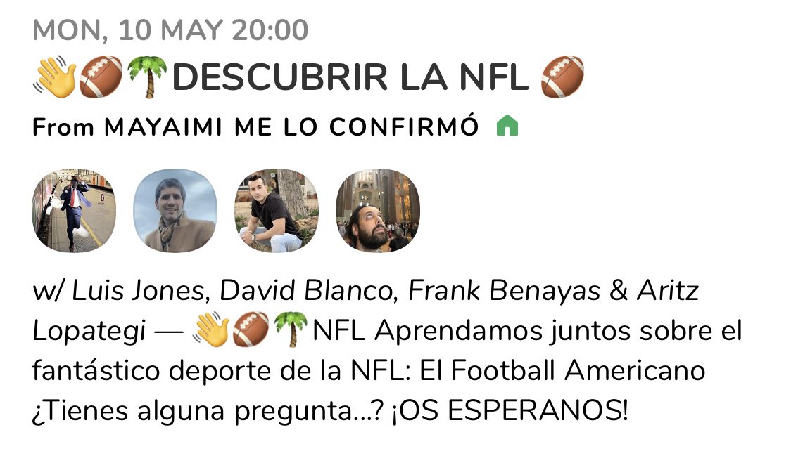 Anoche lo pasamos en grande aprendiendo de NFL en <a href="/bymayaimi/">Mayaimi lo confirmo</a> de #Clubhouse 

💥 <a href="/luisvjones/">Luis Jones Dougan</a> 
💥 <a href="/Americanscreen1/">🏈 NFL AmericanScreenSports NBA🏀)🇺🇸🇪🇸🇲🇽🎤</a> 
💥 <a href="/aritzlopategi/">Aritz Lopategi</a> 
💥 <a href="/GreaterPablo/">Pablo Villalpando</a> 
💥 Y más amigos... incluso se pasó @yosoycarlosbo 🔥

Intención: repetir, crecer juntos y seguir divirtiéndonos‼️😋