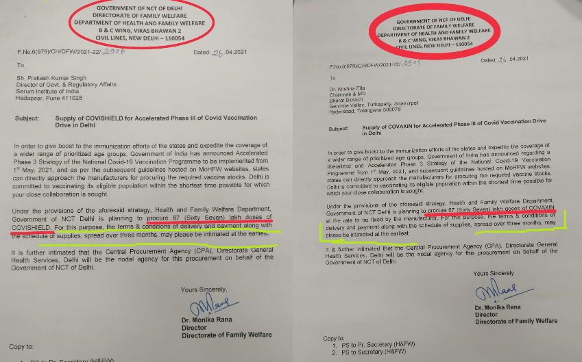 In its tweet AAP govt claimed "Delhi Govt had ordered 1.34 CRORE vaccines in April itself" ( https://twitter.com/AamAadmiParty/status/1391730173729337347?s=20 ) Is this a fact? Let's begin by sharing letters shared by Delhi Govt itself.. Are these letters for placing orders as claimed?Read highlighted portions 2/10