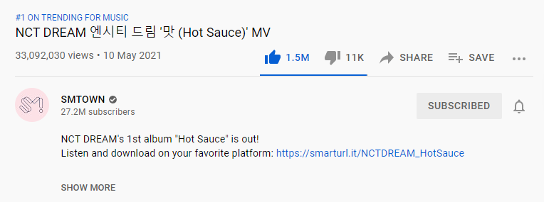 NCityTeam's tweet photo. [UPDATE] Hot Sauce 🔥🌶️
Music Video Views - Youtube

33M views 1,5M likes 🔥

#NCTDREAM #맛_HotSauce
#NCTDREAM_맛_HotSauce
@NCTsmtown_DREAM https://t.co/w7qxGQdQkp